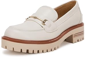 VETASTE Womens Lug Sole Platform Mid Chunky Heel Loafers Classic Round Toe Slip On Office Uniform Oxfords Shoes with Metal Chain