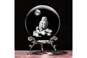 PYJ3DLAMP 3D Owl Crystal Ball with Stand Lase Engraved Glass Sphere Paperweight Owl Decor Gift