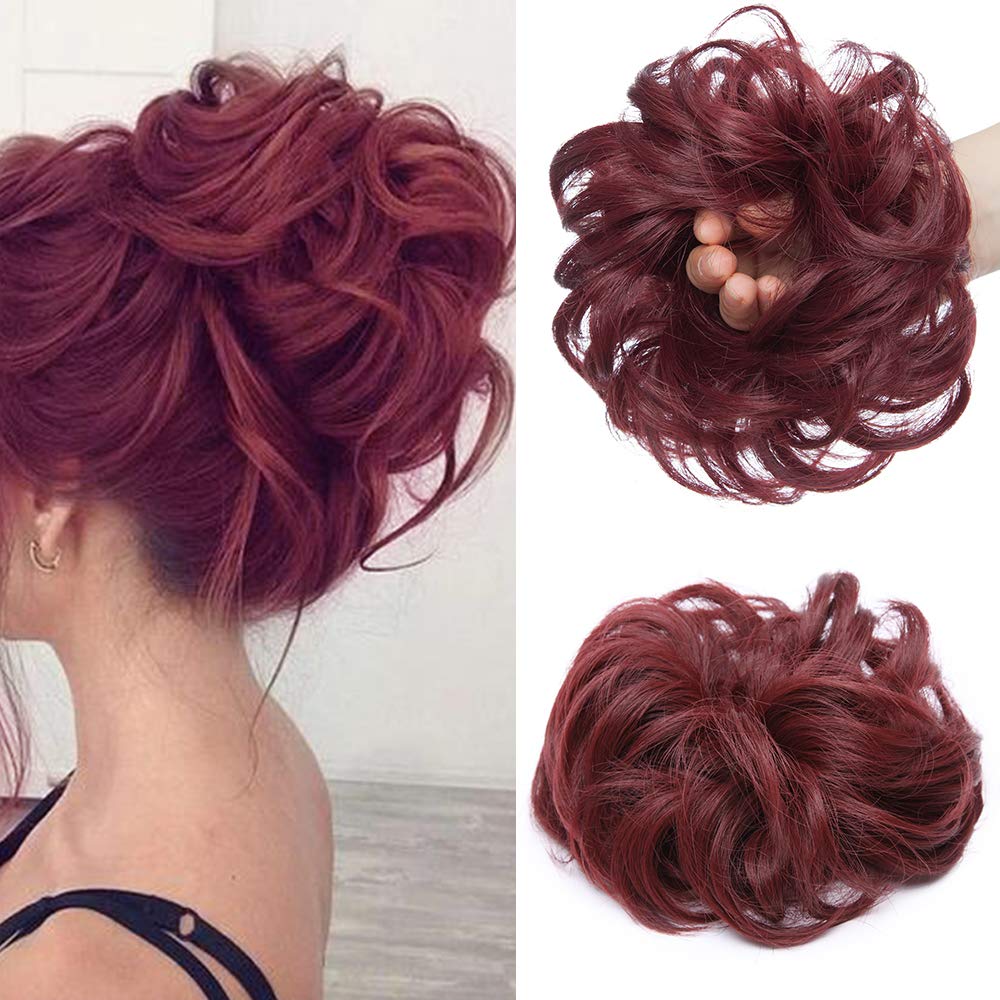 Silk-co Messy Hair Scrunchies for Women Scrunchy Scrunchie Bun Up Do Hair Piece Hair Ribbon Ponytail Extensions Wavy [Wine Red]