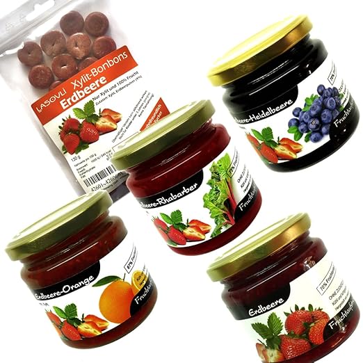 Xylit Fruchtaufstriche im Bonus-Set Nr. 6'Erdbeervariationen' (4 Gläser), 1 Beutel Xylit-Bonbons Erdbeere im Wert von 4,99 Eu