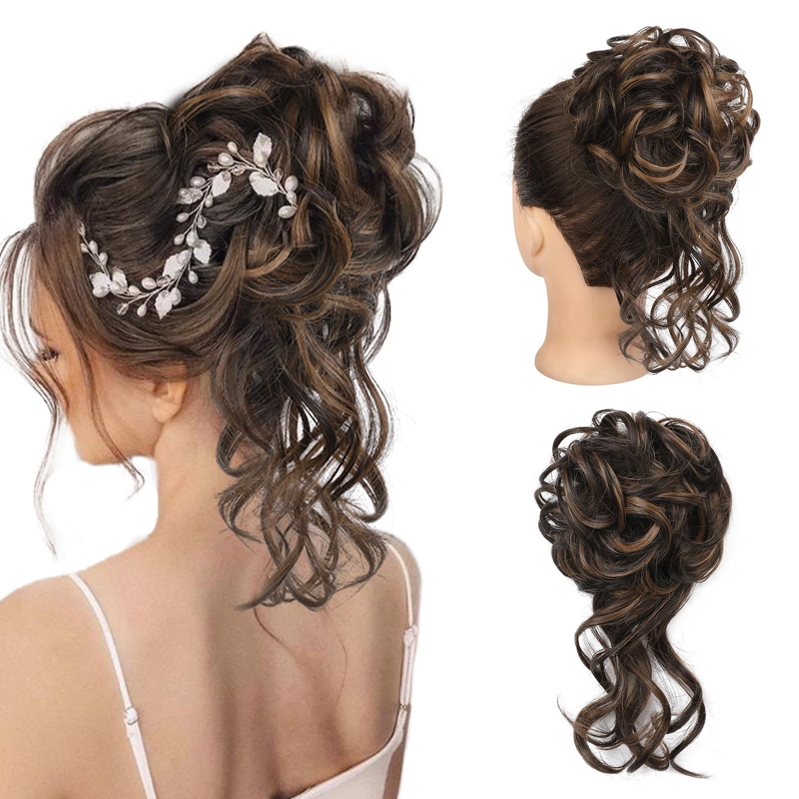 REECHO Messy Bun Hair Piece, Tousled Updo Elastic Hair Bun Hair Piece for Women Synthetic Messy Hair Bun Donut Accessories Scrunchies - Chocolate Brown with Highlights