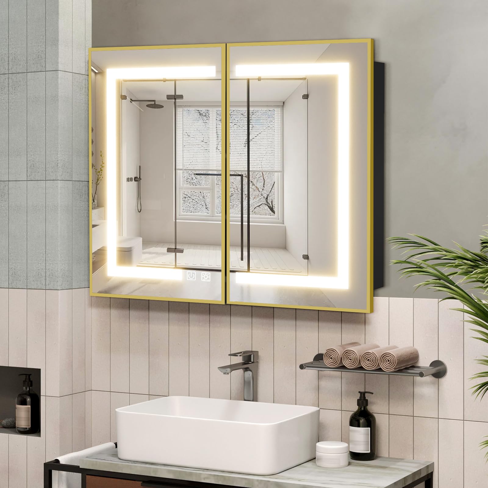 ROOMTEC Lighted Medicine Cabinet with Mirror, Wall Mounted Bathroom Mirror with Storage, 2 Doors Bathroom Wall Cabinet with LED Lights,Gold, 40″x32″