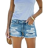 Dwnipkq Women’s Stretchy Ripped Mid Waisted Denim Shorts Casual Frayed Raw Hem Trendy Jean Shorts
