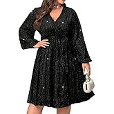 RED DOT BOUTIQUE 876 - Plus Size Elegant Sheer Sleeve Dress with Waist Sparkle Chiffon Mesh Cocktail Dress