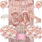 30th Birthday Decorations for Her, Happy 30th Birthday Banner, Crown, Sash, Cake Topper and Number Balloon, Rose Gold 30 Birthday Party Decorations for Women
