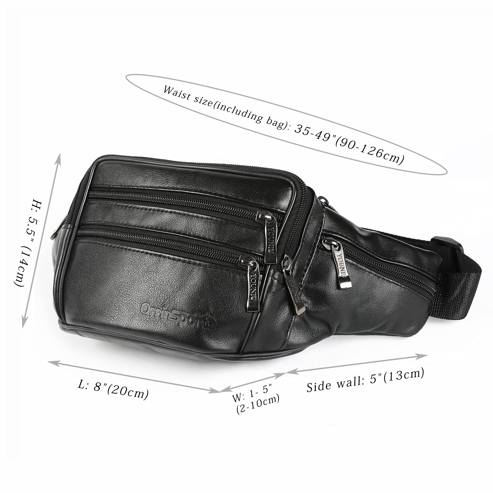 OrrinSports Black Leather Fanny Pack for Men & Women, Fashionable Multi-Pockets Waist Belt Bag for Travel Sports Hiking Cycling Fishing Running