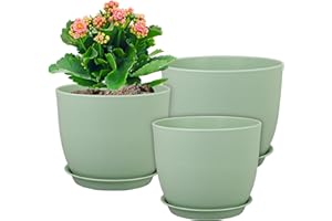 WSMKSZ Large Plant Pots 12/10/9 inch, Set of 3 Modern Decorative Plastic Planters with Drainage Holes and Saucers, Flower Pots for Indoor Outdoor Plants, Green