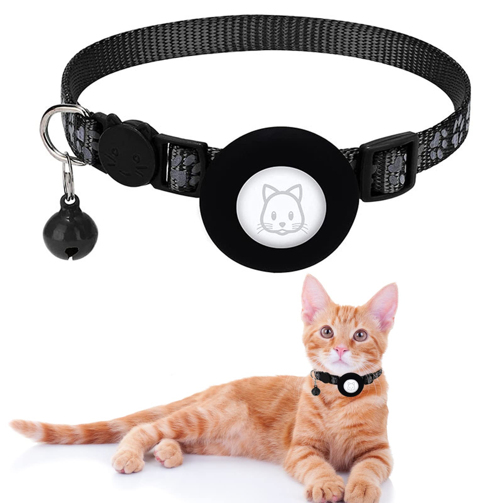 Airtag Cat Collar, Soarfly Reflective Cat Collar with Safety Closure, Bell, Cat Collar with AirTag Holder, Name Address, Adjustable 22-35 cm Collar for Cats, Puppies, Kittens
