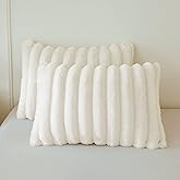 MEGO Set of 2 Fluffy Faux Rabbit Fur Pillowcases, Cozy Luxury Striped Plush Fuzzy Zippered Pillow Cases, Decorative Shaggy Furry Ivory Long Pillow Shams for Bedroom Living Room 20x36, King, Beige
