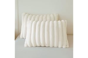 MEGO Pack of 2 Fluffy Faux Rabbit Fur Pillowcases, Ivory Striped Plush Fuzzy Bed Pillow Cases with Zipper, Farmhouse Shaggy Furry Ribbed Long Pillow Covers for Kids Teens Adults 20x26, Standard, Beige