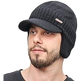 Winter Beanie w/Visor & Earflaps for Men Outdoor Fleece Hat Scarf Set