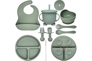 HippoBaby Baby Led Weaning Supplies | 10 Piece Silicone Baby Feeding Set, Baby Toddler Bib Cup Divided Plate and Bowl Self Feeding Spoons Dish Set,Baby Utensils | Toddler Feeding Supplies