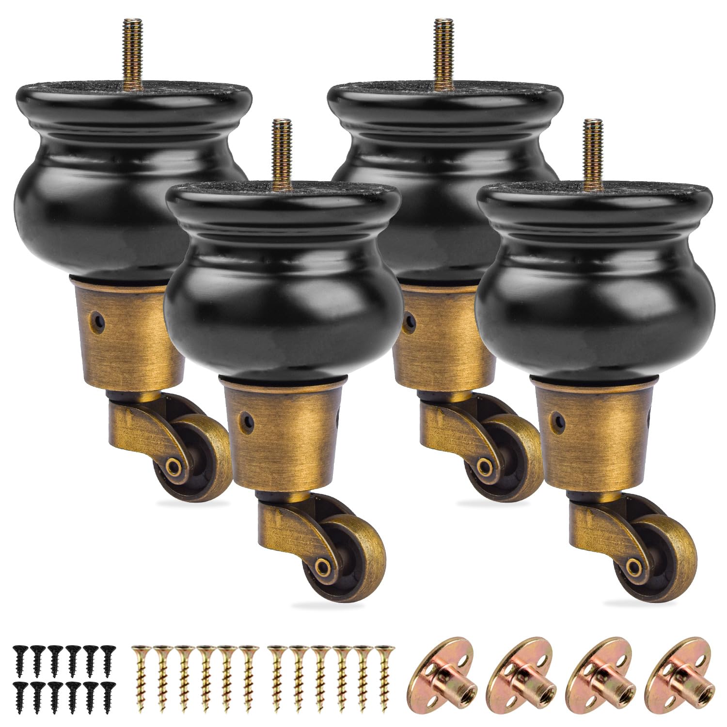 4.8 inch / 12cm Furniture Legs with Castors, 4Pcs Black Solid Wood Feet Round Gourd Wooden Turned Replacement Feet with Threaded M8 Hanger Bolts & Mounting Plate & Screws For,Recliner,Ottoman