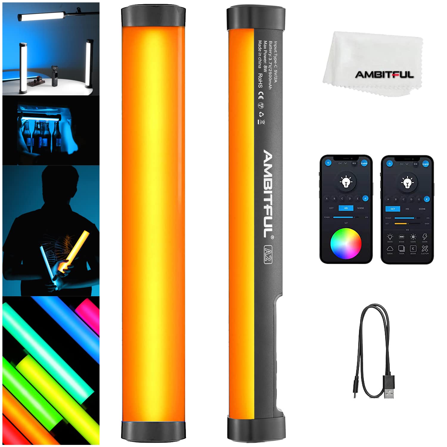 AMBITFUL A2 RGB Tube Light, CRI 95+ TLCI 97 +, Color Temperature 2500K ~ 8500K, 100% Brightness (760LUX), Built-in APP， Magnetic Function RGB LED Stick Light