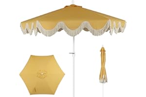 JONATHAN Y UMB1001 Collins 9 ft. Classic Cottage Tassel Market Patio Umbrella with Auto-Tilt, Crank, Wind Vent and UV Protection