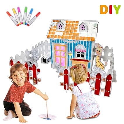 deAO Doodle Spielhaus DIY Zeichnen Kunst Bastelset für Kinder Pappe Spielhaus zum Bemalen und Dekorieren (Bauernhof)