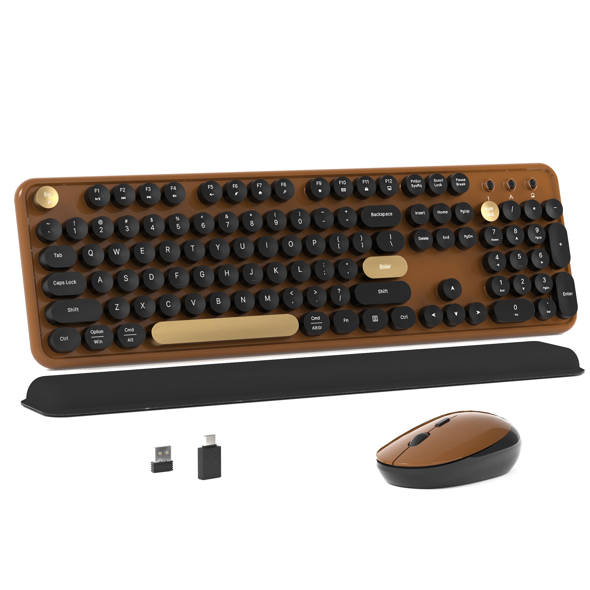 Photo 1 of MPTOG Colorful Wireless Computer Keyboard and Mouse Combo with Round Typewriter Keycaps, Retro Design, Power Switch, Ergonomic Design, 2.4GHz Wireless for Windows, Mac, PC(Black-Brown)