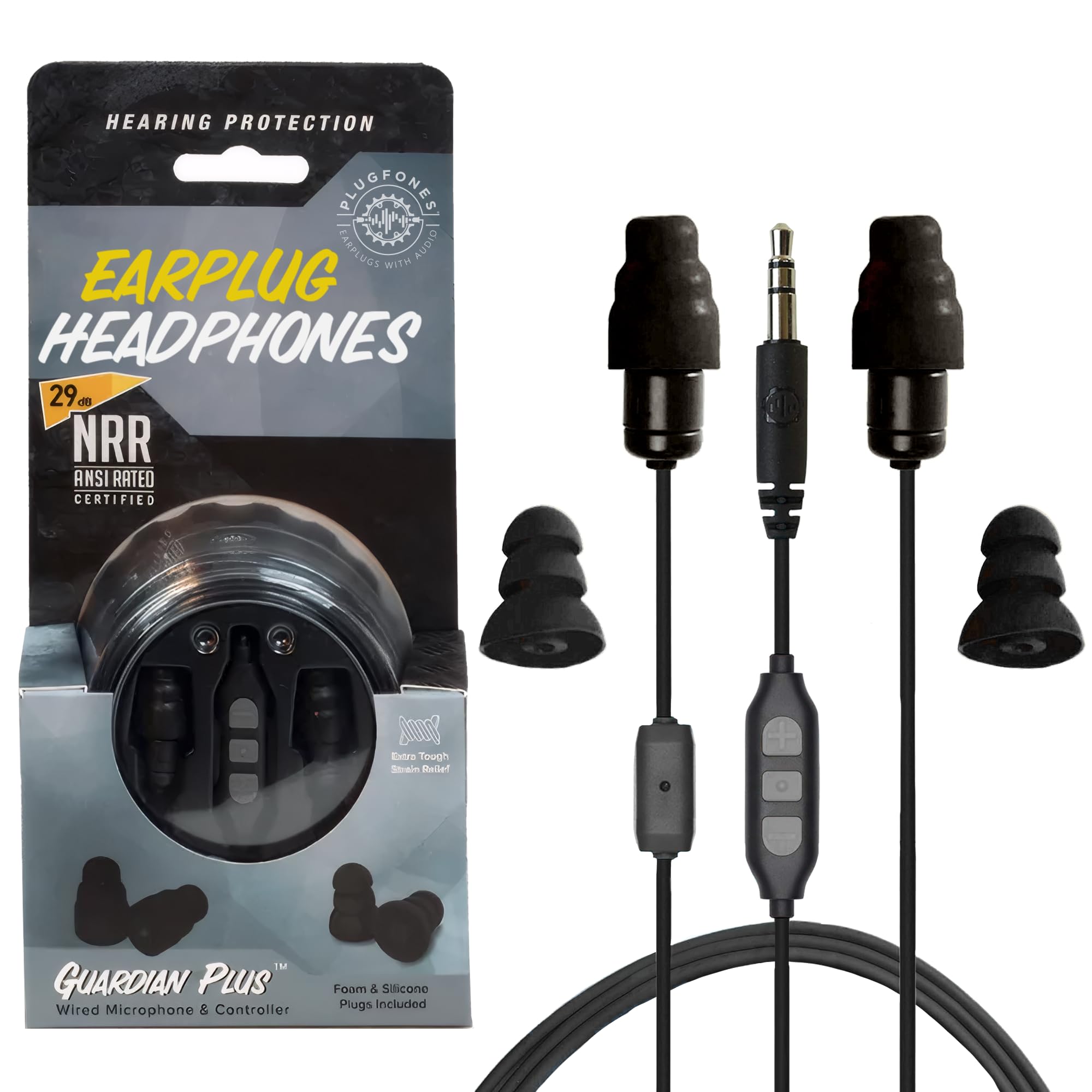 PlugFones Guardian Plus, Earplugs with Audio, 26 dB NRR, Noise Isolating Mic and Controls