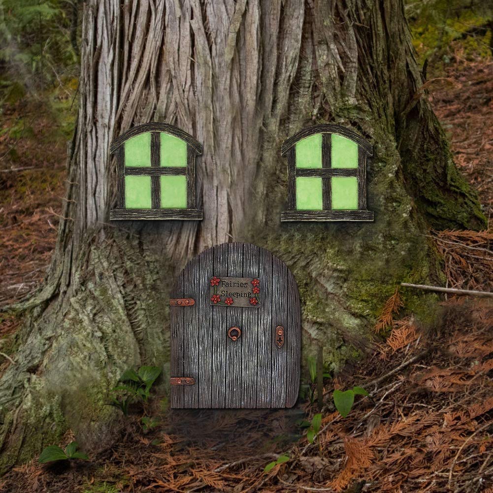 AGDLLYD Fairy Door and Window set for Garden Trees, Poly-Resin Fairy Door and Windows Glow In The Dark,Miniature Fairy Gnome Home Window and Door for Trees, Yard Art Garden Sculpture Decoration(A)