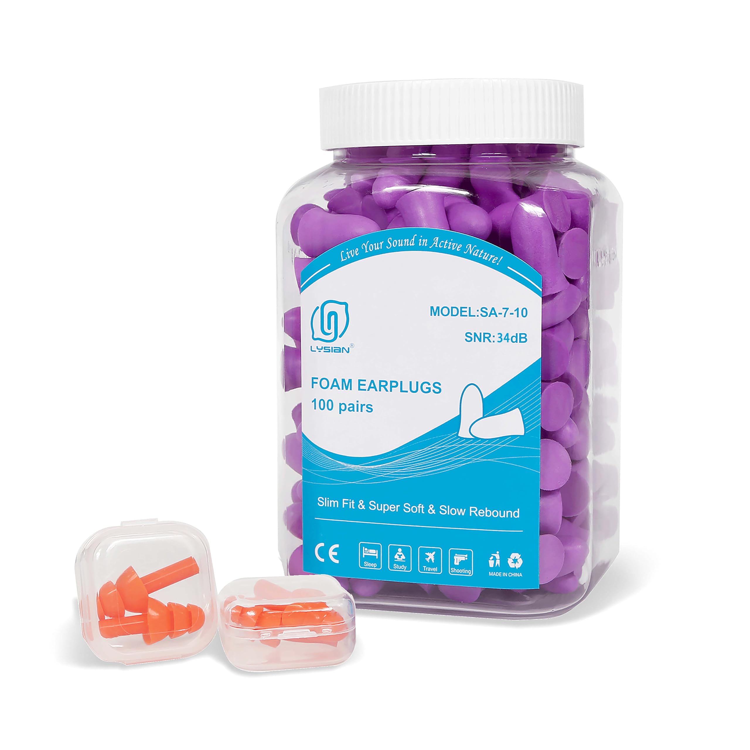 Photo 1 of LYSIAN Slim Size Foam Ear Plugs for Small Ear Canals Women, Kids, 100 Pairs, 35dB SNR Noise Canceling Earplugs for Sleeping, Work and Study (Purple)