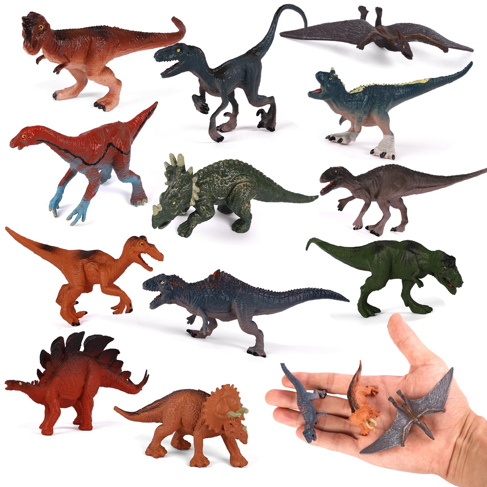 12PCS Dinosaur Toys for Boys, Realistic Dinosaur Animal Figures with T-Rex, Triceratops, Stegosaurus, Pterosaur, Plastic Animals Toys for 2 3 4 5 Year Old Kids Educational Play and Party Favors