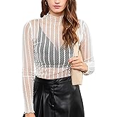 BNOOUIL Women's Sheer Mesh Bodysuit Mock Turtleneck Lace Tops Slim See Through Long Sleeve Body Suits Sexy Shirts