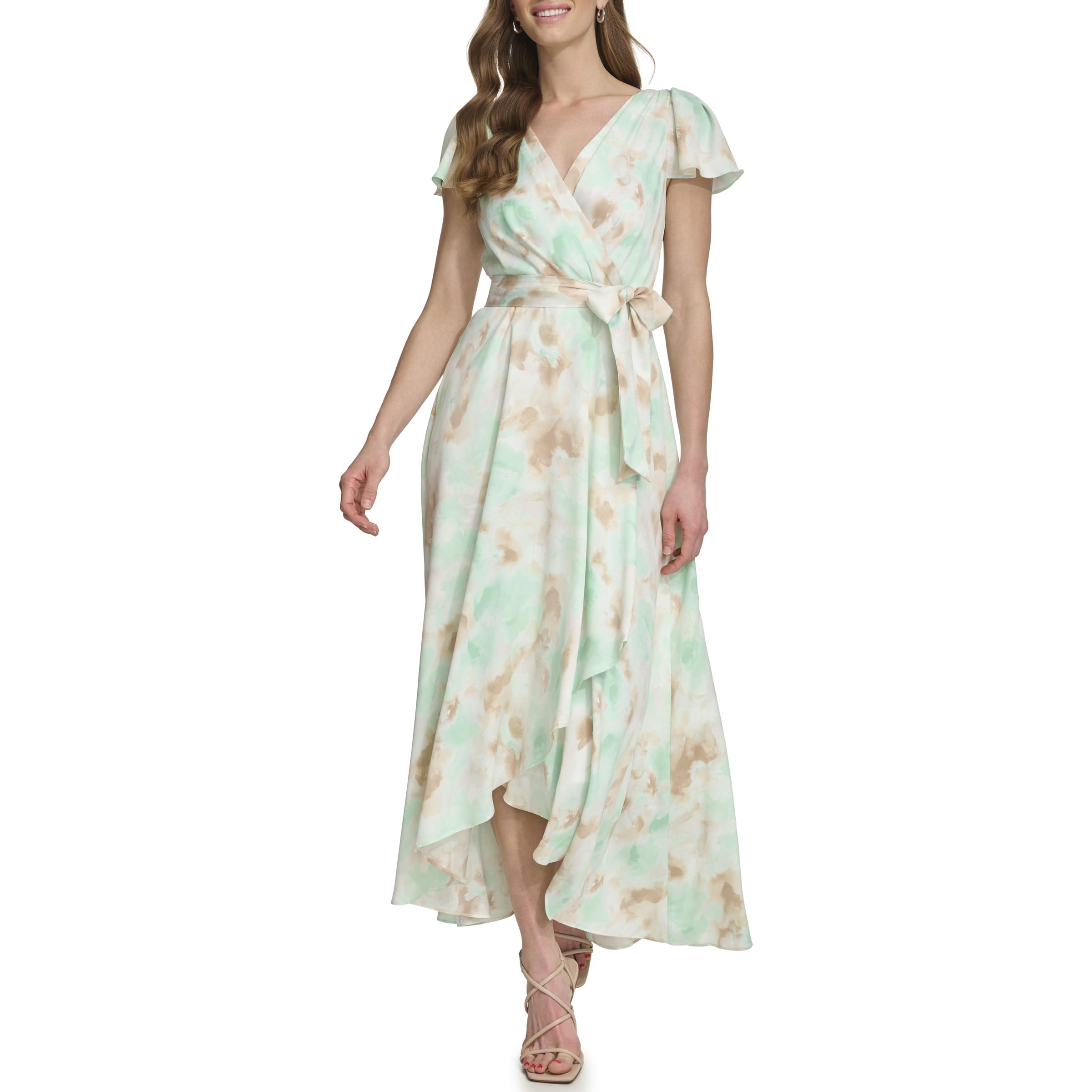 DKNY Women’s Flutter Sleeve Surplice Tie Fit & Flare Midi Dress, Light Green Combo, 16
