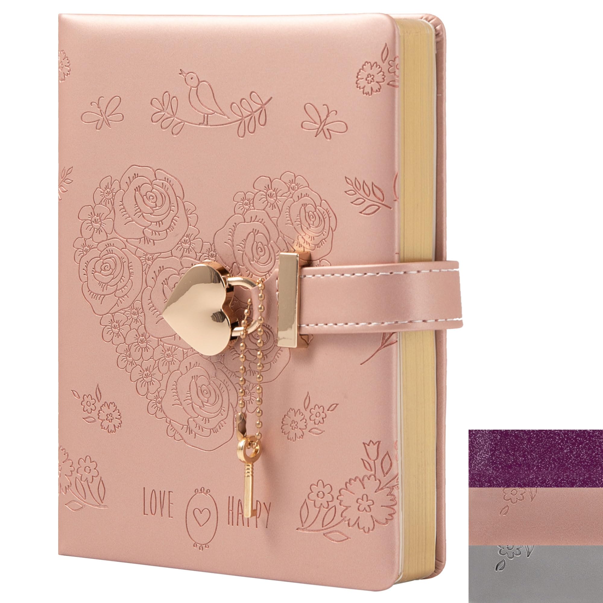 TIEFOSSI Heart Lock Journal Notebook with Key, Glitter Purple PU Leather Diary, B6 Journal for Writing, 144 Sheets Lined Paper, Gift for Girls, Women (Flower Pink)