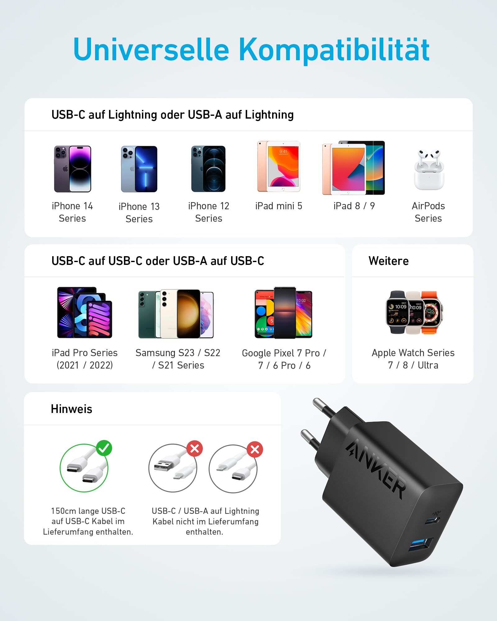 Anker 20W USB C Ladegerät, iPad Netzteil, USB-Schnellladenetzteil, iPad Ladegerät, Kompatibel mit iPhone 17/16/15 Series (mit 150cm USB-C Kabel) 7