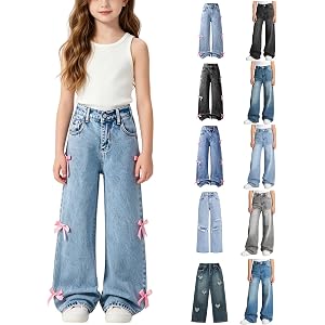 ZGTWHZY Baggy Jeans for Girls Teens Kids Cute Y2K High Waisted Embroidered Denim Pants with Pockets Preppy Tween Clothes