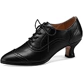 Women's Real Leather Wingtip Oxfords with 2-Inch Low Heel, Adjustable Lace-Up, Pointed Toe Shoes for Work and Walking