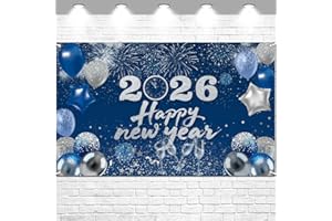 Happy New Year 2026 Banner Decorations Backdrop Large Polyester Sign Poster Blue Background with Pattern for Hello 2026 New Y