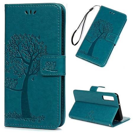 Edauto für Samsung Galaxy A7 2018 Hülle Leder Flip Case Tasche Eule Baum Wallet Handyhülle Kunstleder Bookstyle Brieftasche S