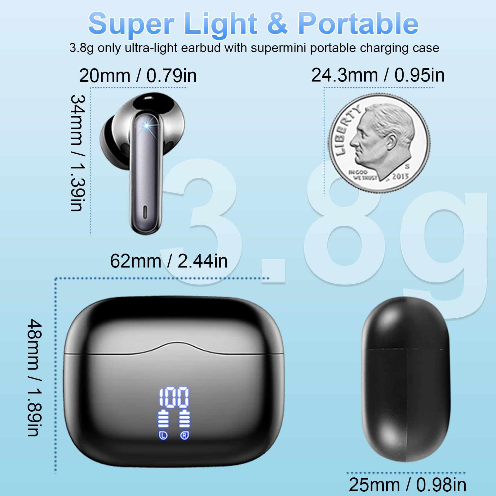 Wireless Earbuds, Bluetooth 5.3 Headphones in Ear with HiFi Stereo Deep Bass, 4 ENC Noise Cancelling Mic Wireless Earphones 40H Playtime, Bluetooth Earbuds Dual LED Display, IP7 Waterproof, USB-C