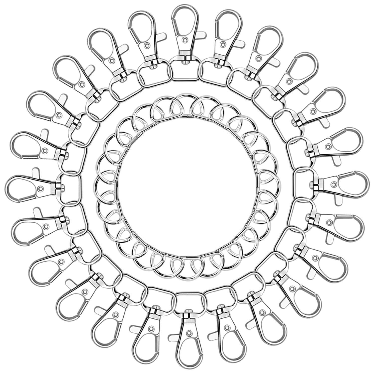 Anezus 100pcs Key Chain Clip Hook and D Rings Set Include 50Pcs Swivel Snap Hooks Lanyard Clips and 50Pcs D Rings for Keychain and Purse Hardware (1/2” Inside Width)