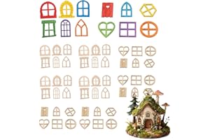 HIZONCORE 50Pcs Doll House Windows Doors Craft Kit, 12 Styles Fairy Door Windows, Wood Miniature Garden Doors Window Fairy House Accessories for Garden Tree Home Party Decor