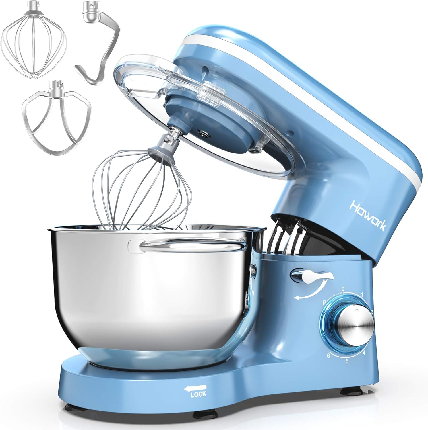 HOWORK Stand Mixer, 660W Electric Kitchen Food Mixer With 6.55 Quart Stainless Steel Bowl, 6-Speed Control Dough Mixer With Dough Hook, Whisk, Beater (6.55 QT, Blue)