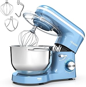 HOWORK Stand Mixer, 660W Electric Kitchen Food Mixer With 6.55 Quart Stainless Steel Bowl, 6-Speed Control Dough Mixer With Dough Hook, Whisk, Beater (6.55 QT, Blue)