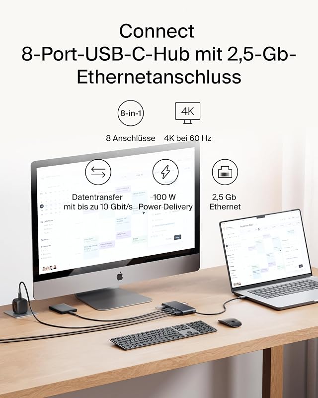 Connect 8-in-1 USB C Hub, Bildschirmauflösungen bis zu 4K bei 60 Hz, für Mac, Windows, Chromebook, 100 W PD, Datentransfer 10 Gbit/s, 2,5 Ethernet – Schwarz