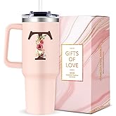 Gooddooes Monogrammed 40oz Tumbler with Handle for Women, Personalized Birthday Gifts for Women,Initial Cups for Woman Floral Letter T,Customized Gifts for Female Lady Gift for Mothers Day Christmas
