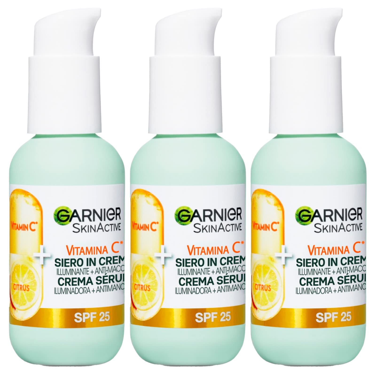 Garnier SkinActive Vitamin C Face Serum in Cream 2in1 Illuminating and Anti-Blemish SPF 25 for Dull Uneven Skin Formula with Vitamin C and Citrus Extract - 3 Bottles of 50ml