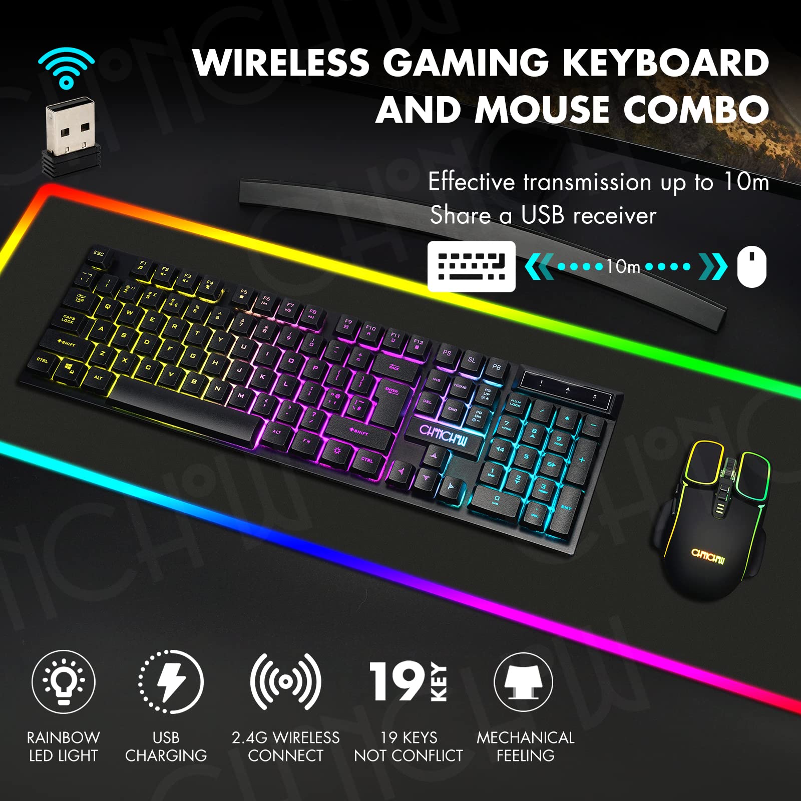 CHONCHOW Wireless Gaming Keyboard and Mouse Combo, Rechargeable Rainbow LED Light Up Wireless Keyboard and Ergonomic Wireless Gaming Mouse, Wireless Gaming Mouse Keyboard for Xbox PS4 PS5 PC Laptop