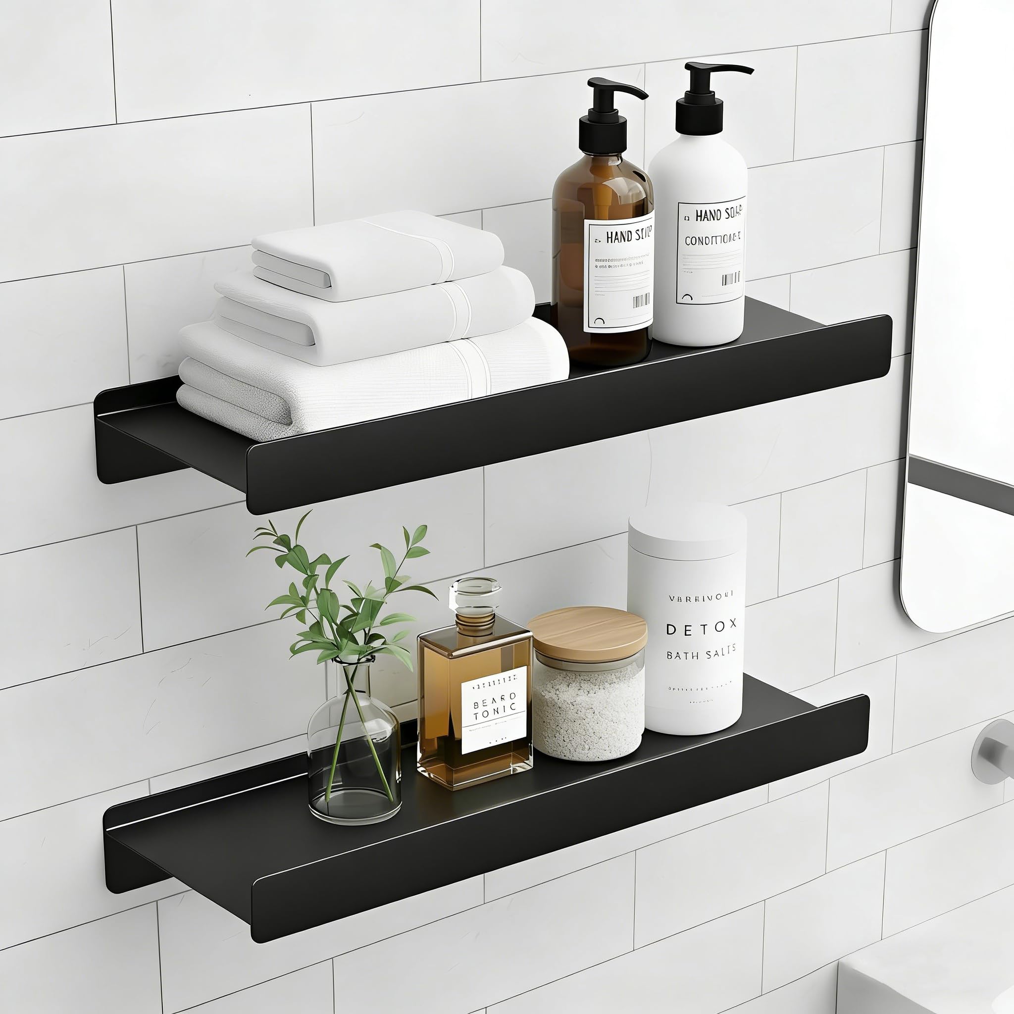 Photo 1 of 12 inch Metal Floating Shelves for Wall, Small Shelves Wall Mounted with Lip for Storage No Wobble, Heavy Duty Wall Shelves for Bathroom/Kitchen/Bedroom/Small Spaces, Black 12X 4.5X2, Set of 2
