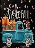 Selmad Hello Fall Garden Flag Pumpkin Farm Truck Double Sided Quote, Small Burlap Decorative House Yard Decoration, Autumn Leaves Harvest Farmhouse Country Seasonal Home Outdoor Vintage Décor 12 x 18