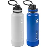 ThermoFlask Stainless Steel Water Bottles 2-Pack - Double-Wall Vacuum Insulated 40 oz BPA-Free Spout Lids - Keeps Drinks Cold 24 Hrs, Hot 12 Hrs - Leakproof, Dishwasher Safe, Ice Grey/Azure