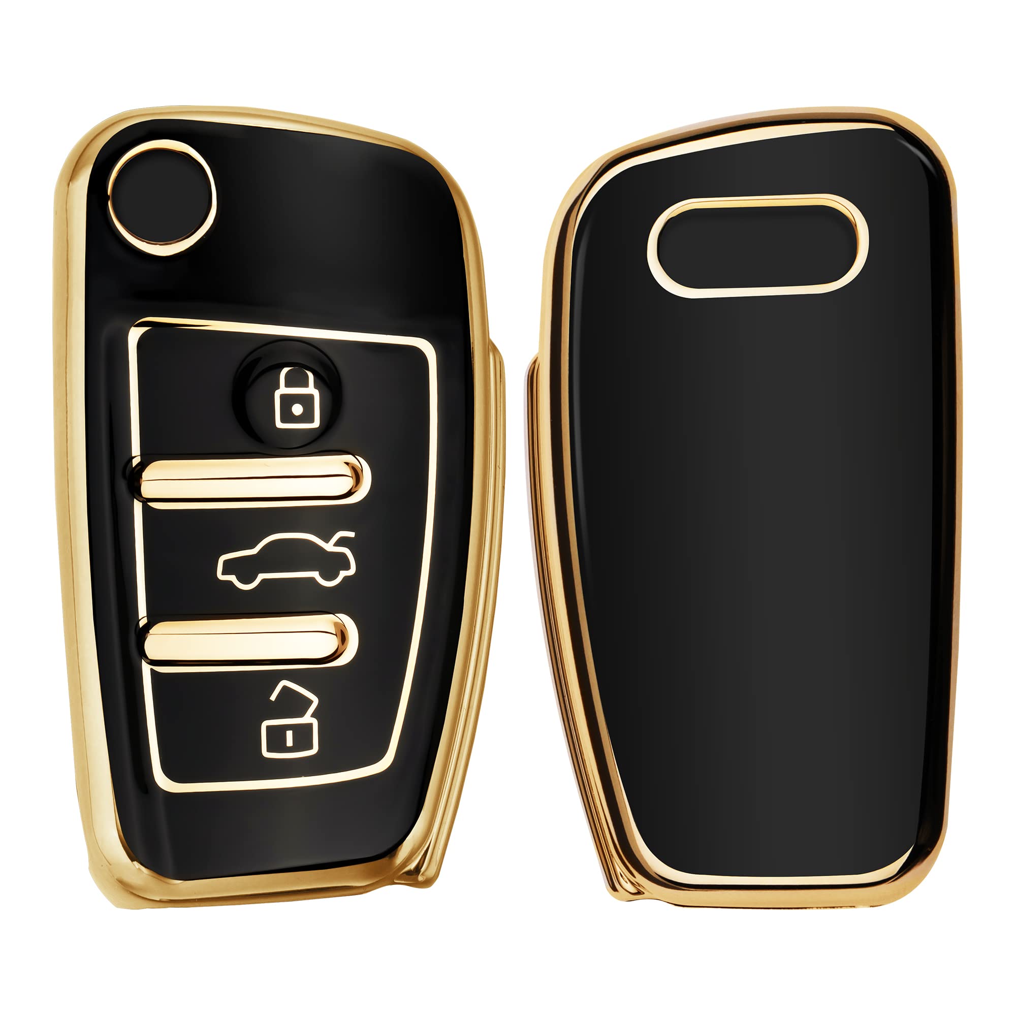 kwmobile Key Cover Compatible with Audi 3 Button Flip Key - Car Key Fob Case Protector - Black/Gold