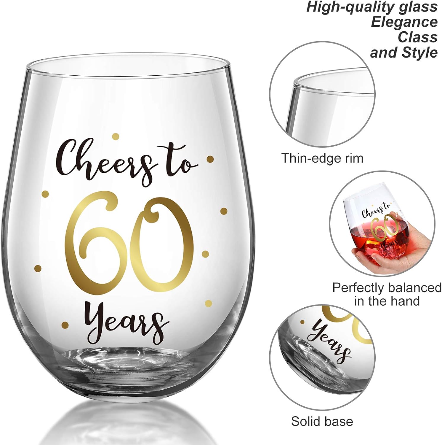 Birthday Stemless Wine Glass, Gold Birthday Wine Glass Present for Men Women Birthday Party Wedding Anniversary Decorations - Image 5