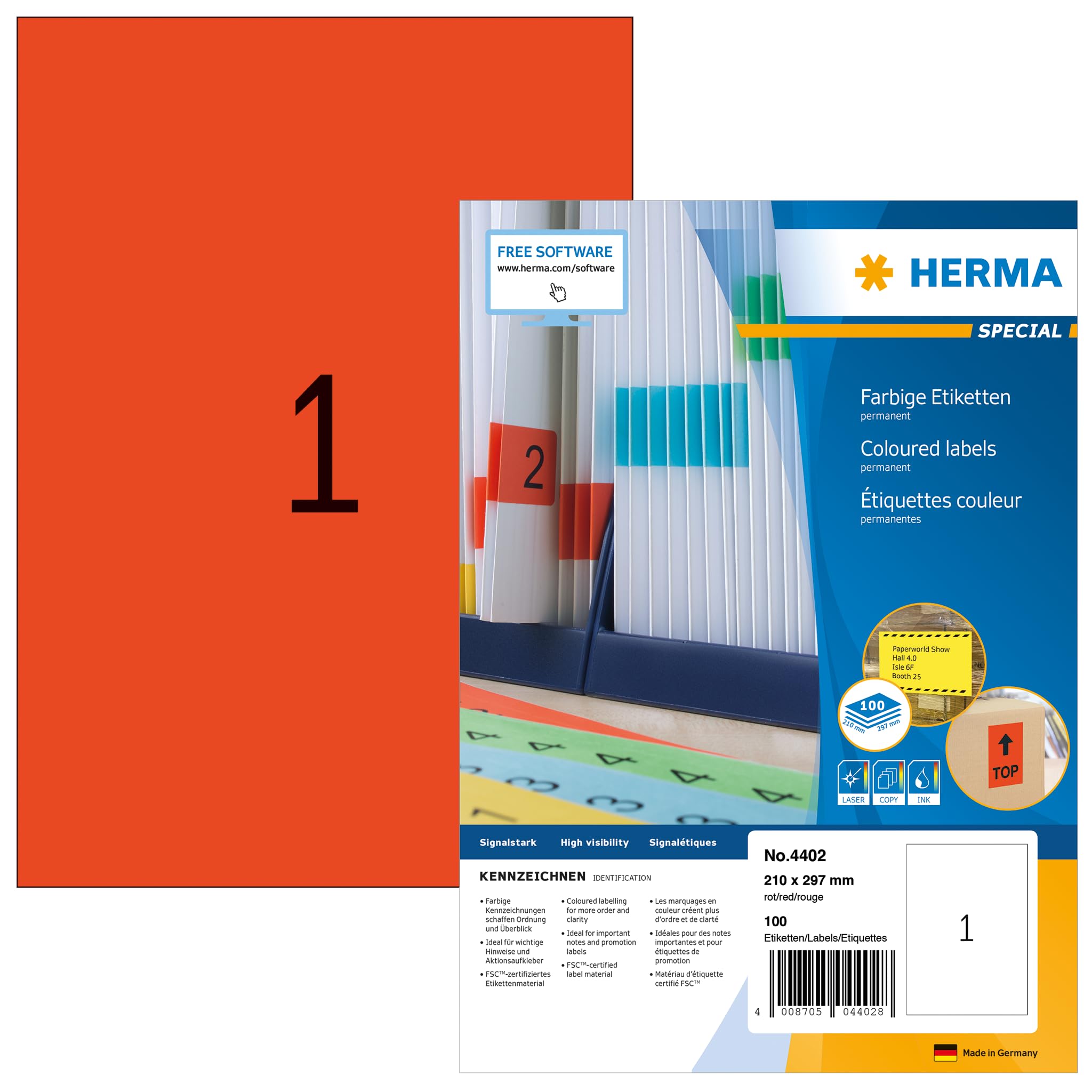 HERMA Self Adhesive Coloured Labels, 1 Label per A4 Sheet, 100 Sheets, 210 x 297 mm, 100 Labels, Blank Colour Labels Stickers, Sticky Labels for Laser & Inkjet Printer, Red