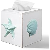 Tissue Box Cover Square, Beach Tissue Box Holder with Slide-Out Bottom, Decorative Wooden Wall Mounted Starfish Tissue Holder for Desktop Nightstand Bathroom Office, Modern Beach Home Decor