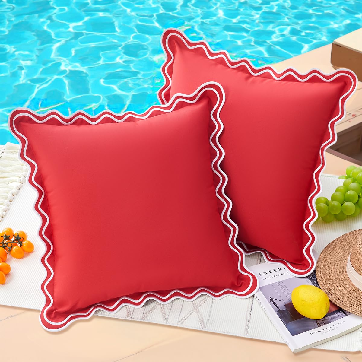 Photo 1 of 18x18 Red Scalloped Outdoor Throw Pillow Covers Waterproof & Sunproof Set of 2, Embroidered Red Boho Christmas Unique Outdoor Decorative Throw Pillows, Front Porch & Patio Furniture Decor Pillows